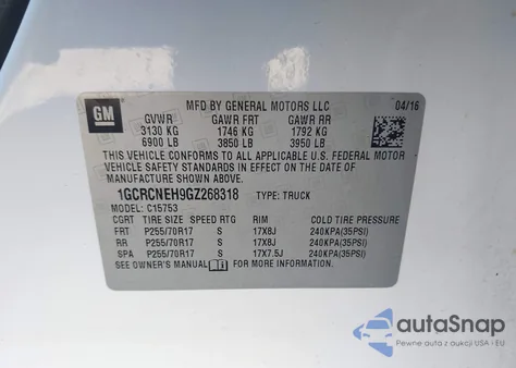 2016 Chevrolet Silverado 1500 Wt z USA, uszkodzony, nr VIN 1GCRCNEH9GZ268318